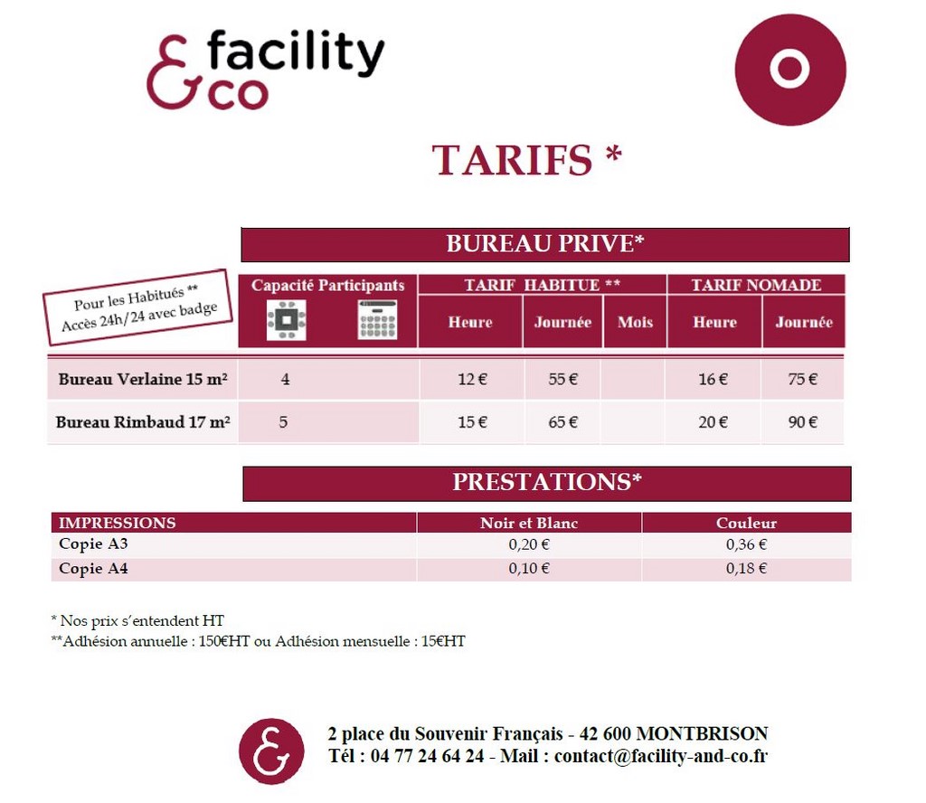 Tarifs bureau privé coworking Montbrison Loire 42